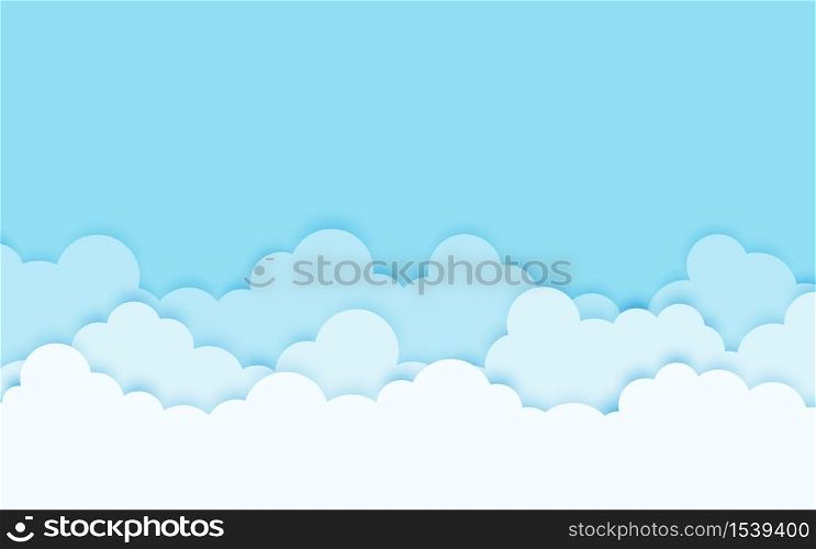 White and blue clouds with the sky, cartoon design paper style with shadow vector background illustration and free space for text