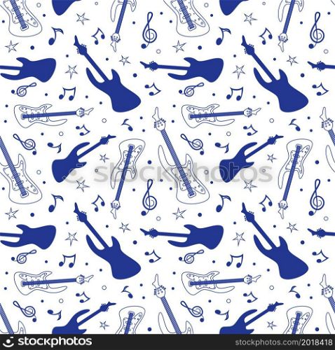 White and blue contour guitar seamless pattern. Vector illustration.