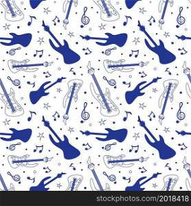 White and blue contour guitar seamless pattern. Vector illustration.