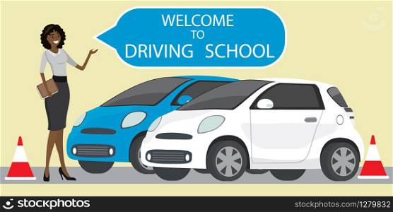 White and blue driving school car,African american female instructor with speech bubble- welcome to driving school,flat style vector illustration