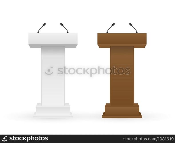 White and brown Podium Tribune Rostrum Stand with Microphones. Vector stock illustration. White and brown Podium Tribune Rostrum Stand with Microphones. Vector stock illustration.