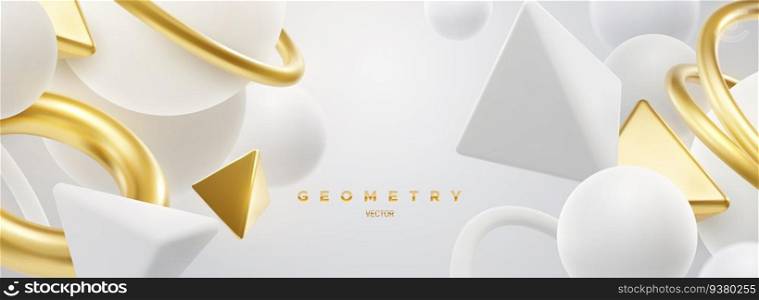 White and golden geometric shapes backdrop. Abstract elegant background with rings, spheres, pyramids. Vector 3d illustration. Flowing geometry primitives composition. Banner or sign design. White and golden geometric shapes backdrop. Abstract elegant background.