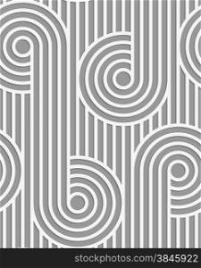 White and gray background with cut out of paper effect. Modern 3D seamless pattern.Paper cut out circles on continues stripes.