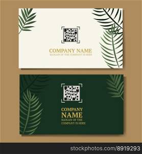 white and green business card with green palm leaves, with a place for a qr code, for your company or brand, vector illustration.. white and green business card with green palm leaves, with a place for a qr code, for your company or brand, vector illustration