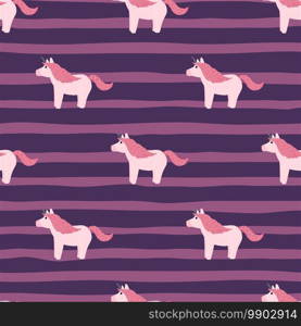 White and pink tones colored seamless doodle pattern with unicorn ornament. Purple striped background. Perfect for fabric design, textile print, wrapping, cover. Vector illustration.. White and pink tones colored seamless doodle pattern with unicorn ornament. Purple striped background.