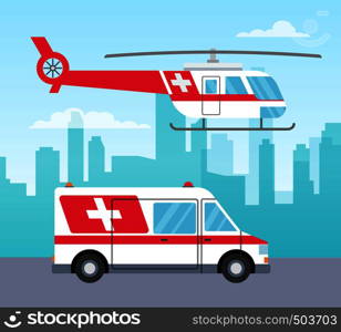 White and red ambulance helicopter and car, medical services concept, transport, vector illustration in flat style. White and red ambulance helicopter and car, medical services concept, transport, vector illustration