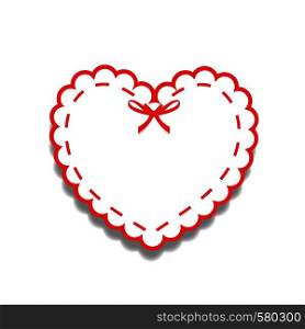 White and red paper cut lacy girly heart, sticker with ribbon and copy space. Heart stamp for baby, valentines or wedding scrapbooking design isolated on white. Vector illustration, clip art.. White and red paper cut lacy heart sticker with ribbon and copy