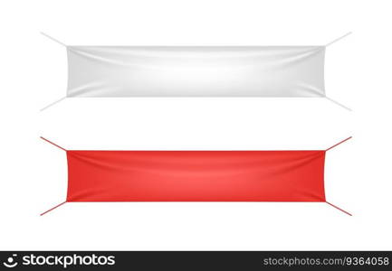 White and red textile banner with folds template set. Cotton and canvas, blank flag for advertising. Empty mockup, realistic 3d vector illustration. White and red textile banner with folds template set. Cotton and canvas, blank flag for advertising
