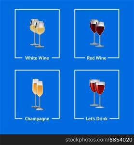 White and red wine with champagne icons with filled with alcoholic beverages in square frames. Vector illustration of drinks isolated on blue background. White and Red Wine & Champagne Vector Illustration