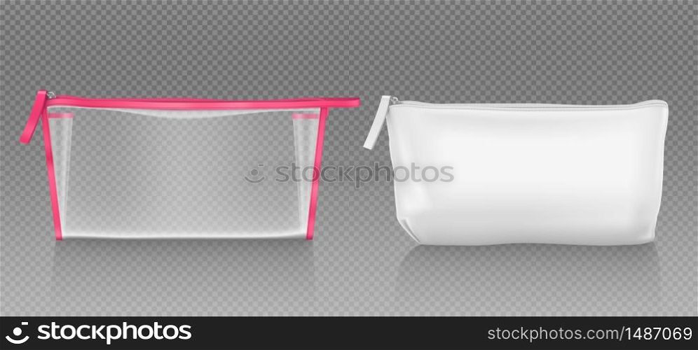White and transparent cosmetic bag with zipper for makeup and beauty tools. Vector realistic mockup of blank fabric pouch with zip for toiletry, soap and body care products. Small beauticians for travel. White cosmetic bag with zipper for makeup