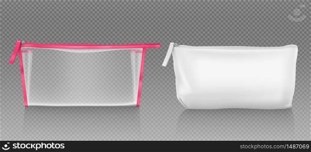White and transparent cosmetic bag with zipper for makeup and beauty tools. Vector realistic mockup of blank fabric pouch with zip for toiletry, soap and body care products. Small beauticians for travel. White cosmetic bag with zipper for makeup