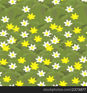 White and yellow anemone green leaves seamless pattern art design elements stock vector illustration
