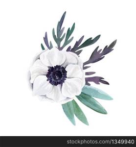 White anemone with leaves, Watercolor floral arrangement, hand drawn vector watercolor illustration. Design element for cards and invitation.