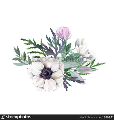 White anemone with leaves, Watercolor floral arrangement, hand drawn vector watercolor illustration. Design element for cards and invitation.