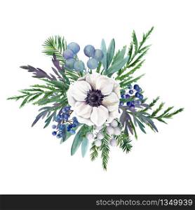 White anemones and fir branches, Watercolor floral arrangement, hand drawn vector watercolor illustration. Design element for cards and invitation.