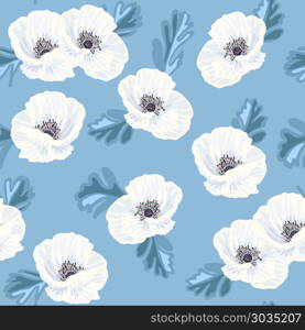 White anemones on the blue seamless pattern. Tender white vector anemones and blue leaves on the blue background seamless pattern