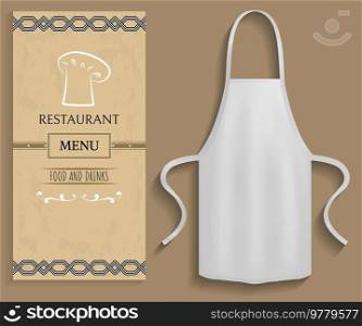 White apron next to piece of paper with menu. Clothes for work in kitchen, protective element of clothing for cooking. Apron for cooking in kitchen and protection of clothes near restaurant menu. Clothing for cooking in kitchen near restaurant menu. Apron next to list of food and drinks