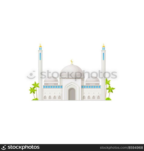 White arabian mosque building icon. Islamic religion ancient temple facade, muslim culture architecture attraction or isolated vector mosque with marble walls and golden crescents on minaret towers. White arabian mosque building vector icon