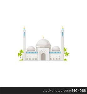 White arabian mosque building icon. Islamic religion ancient temple facade, muslim culture architecture attraction or isolated vector mosque with marble walls and golden crescents on minaret towers. White arabian mosque building vector icon