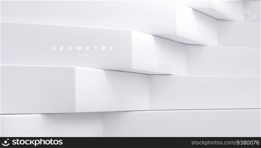 White architectural background. Abstract geometric backdrop. Vector 3d illustration. Minimalist interior decoration. Brutal geometry. Stepped shapes. White architectural background.