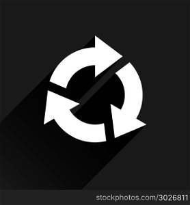 White arrow icon refresh sign on black background. White arrow icon reload, refresh, rotation, reset, repeat sign. Web pictogram with long shadow on black background. Simple, solid, plain, flat style. Vector illustration graphic design 8 eps
