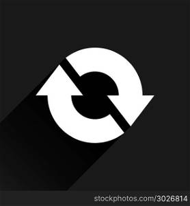 White arrow icon refresh sign on black background. White arrow icon reload, refresh, rotation, reset, repeat sign. Web pictogram with long shadow on black background. Simple, solid, plain, flat style. Vector illustration graphic design 8 eps