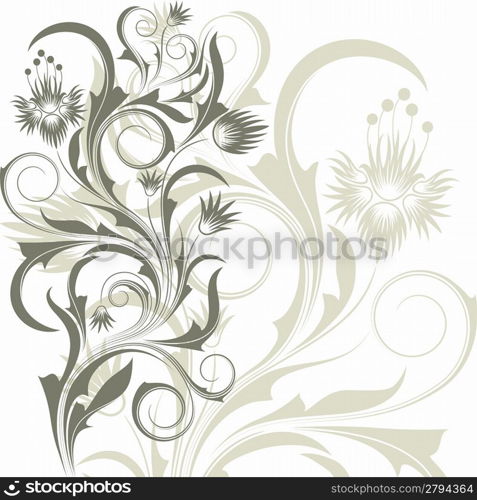 White background with abstract grey branch and flowers