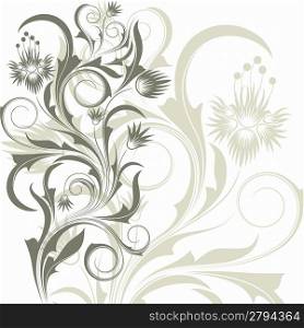 White background with abstract grey branch and flowers