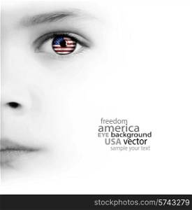 White Background With Beauty Child&rsquo;s Face, Eye And American Flag