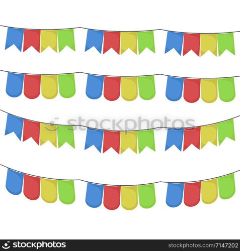 white background with colorful festoons in shape of triangle in closeup vector illustration