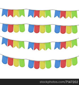 white background with colorful festoons in shape of triangle in closeup vector illustration