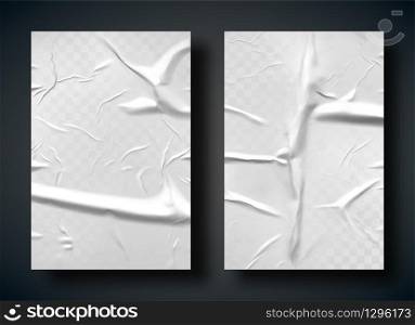 White bad glued paper realistic vector illustration. Set of wet wrinkled and creased paper sheets with crumpled texture, blank posters glued to street wall or advertising column, mock up for design. White bad glued paper with wrinkles and folds