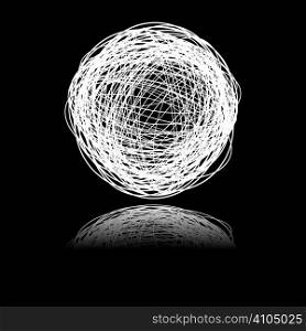 White ball of white string on a black background with reflection