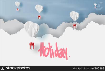 White Balloons gift box on air sky landscape background.Festival party time season concept.Scene Holiday place of your text for card and poster.Paper cut and craft style.Minimal vector. illustration.