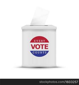 White ballot box isolated. Every vote counts. 2020 United States presidential election. Vector illustration.. White ballot box isolated.