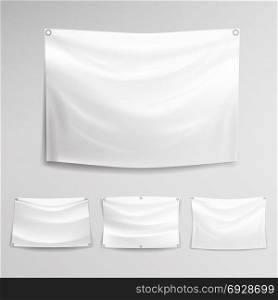 White Banner Set Vector. Horizontal Hanging Banners Mock Up Textile, Fabric Or Nylon.. White Banner Vector. Realistic Horizontal Rectangular Advertising