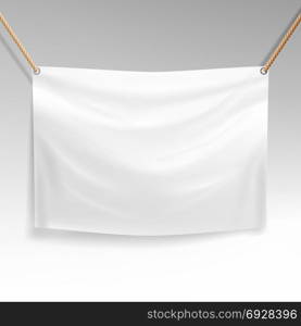 White Banner With Ropes Vector. Realistic Clear Textile Hanging Banner Template.. White Banner Vector. Realistic Horizontal Rectangular Advertising