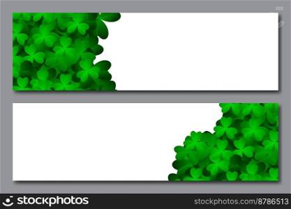 White banners with shamrock leaves. Realistic green clovers. Horizontal background. Vector illustration
