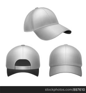 White baseball cap. 3d mockup hat, head caps back, front and side view. Corporate uniform clothes, realistic fashion vector designed blank object design template. White baseball cap. 3d mockup hat, head caps back, front and side view. Corporate uniform clothes, realistic fashion vector template