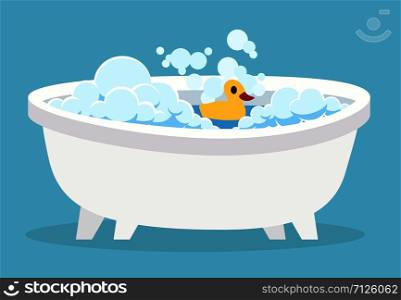 White bathtub. Cartoon clean cute hot bath with bubble and toys for indoor home spa foam soap relaxation isolated vector illustration. White bathtub. Cartoon clean cute hot bath with bubble and toys for indoor home spa relaxation isolated vector illustration