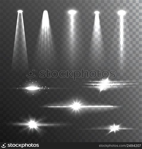 White beam lights set of different shapes and projections gleaming in the darkness banner abstract vector illustration . Light Beams White on Black composition