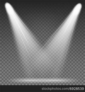 White Beam Lights Spotlights Vector. Different Shapes And Projections Gleaming In Darkness. White Beam Lights Spotlights Vector. Glowing Light Effects Isolated On Transparent Background.