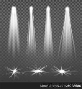 White Beam Lights Spotlights Vector. Glowing Light Effects Isolated On Transparent Background. Set Of Spotlights Lighting. White Beam Lights Spotlights Vector. Glowing Light Effects Isolated On Transparent Background.