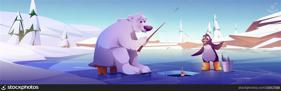 White bear and penguin fishing, cute wild animals characters sitting on ice floe near hole catching fish with rods then put in bucket. Fairy tale book or game personages, Cartoon vector illustration. White bear and penguin fishing, cute wild animals