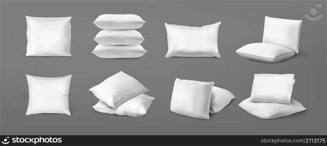 White bed pillows for bedroom interior, top and bottom view of cotton feather pillows, stack and piles. Vector isolated set realistic fluffy cushions on grey background. Realistic bed cushion. White bed pillows for bedroom interior, top and bottom view of cotton feather pillows, stack and piles. Vector isolated set