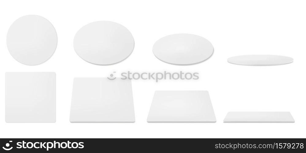 White beer coasters in top and different angles view. Vector realistic mockup of blank cardboard mat for mug or cup. Circle and square beermat, bierdeckel isolated on white background. White beer coasters, mats for mug and cup