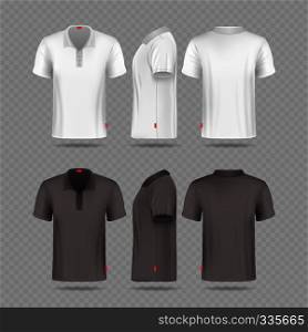 White black mens polo t-shirt set isolated on transparent background. T-shirt clothing, vector of apparel tshirt with collar illustration. White black mens polo t-shirt set isolated on transparent background