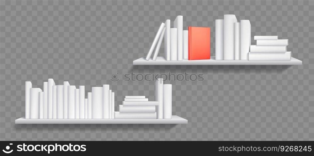 White blank 3d book shelf cover library mockup. Realistic vector wall bookshelf mock up isolated on transparent background. Office or store presentation with series or education literature template. White blank 3d book shelf cover library mockup