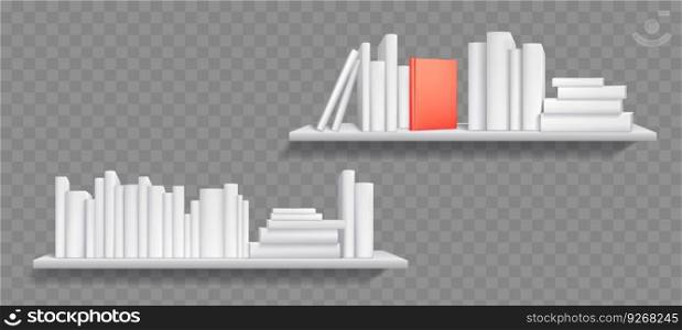 White blank 3d book shelf cover library mockup. Realistic vector wall bookshelf mock up isolated on transparent background. Office or store presentation with series or education literature template. White blank 3d book shelf cover library mockup