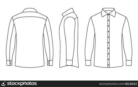 White blank business mans shirt with long sleeves and buttons in front, side, back views. Male wear clothing, vector illustration. White blank business mans shirt with long sleeves and buttons in front, side, back views. Outline vector template isolated